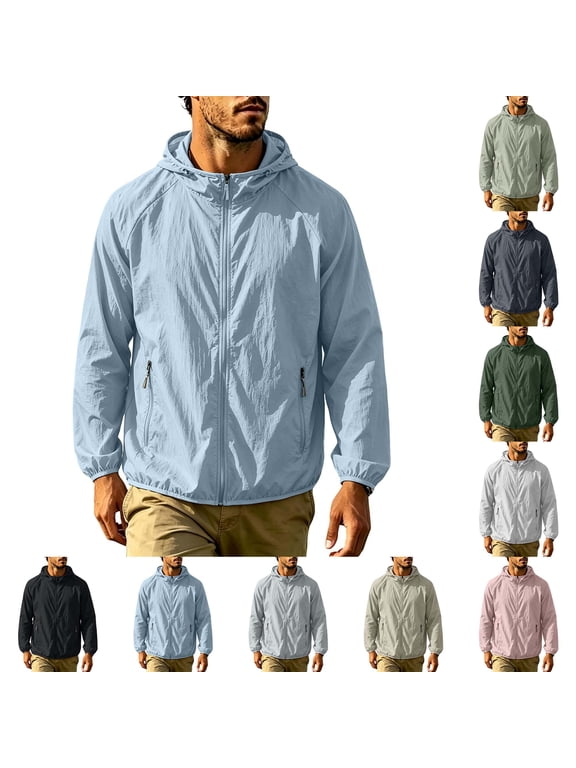Men's Lightweight Hooded Windbreaker, Waterproof Full Zip Long Sleeve Jacket with Zipper Pockets for Outdoor Activities