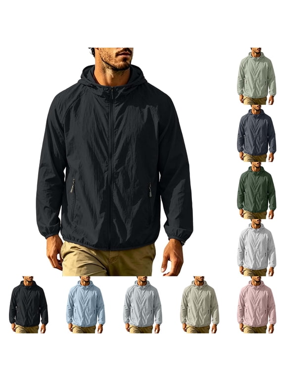 Men's Lightweight Hooded Windbreaker, Waterproof Full Zip Long Sleeve Jacket with Zipper Pockets for Outdoor Activities