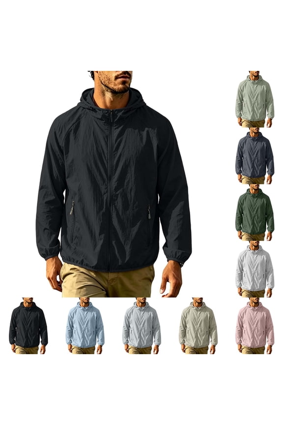 Men's Lightweight Hooded Windbreaker, Waterproof Full Zip Long Sleeve Jacket with Zipper Pockets for Outdoor Activities