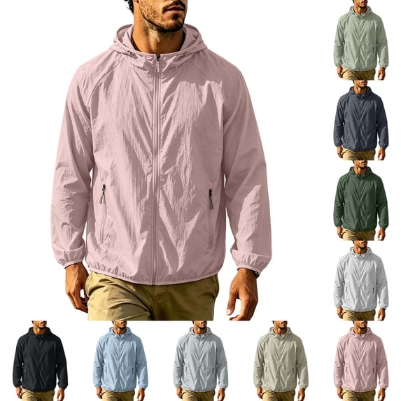 DYTTDG Men's Lightweight Hooded Windbreaker, Waterproof Full Zip Long Sleeve Jacket with Zipper Pockets for Outdoor Activities