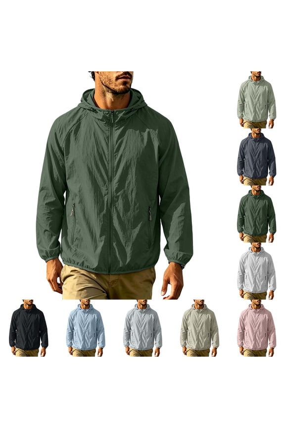 Men's Lightweight Hooded Windbreaker, Waterproof Full Zip Long Sleeve Jacket with Zipper Pockets for Outdoor Activities