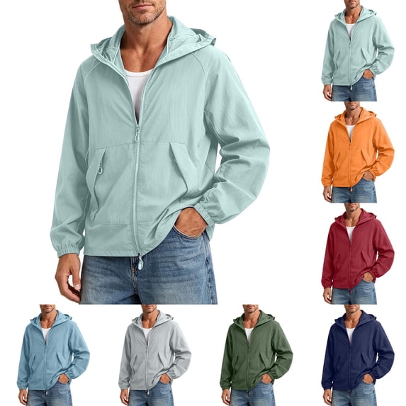 DYTTDG Men's Lightweight Sun Protection Hooded Jacket, Full Zip Breathable Solid Color Windbreaker with Pockets for Hiking & Outdoor Sports