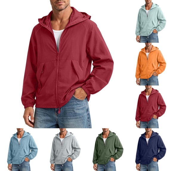 DYTTDG Men's Lightweight Sun Protection Hooded Jacket, Full Zip Breathable Solid Color Windbreaker with Pockets for Hiking & Outdoor Sports