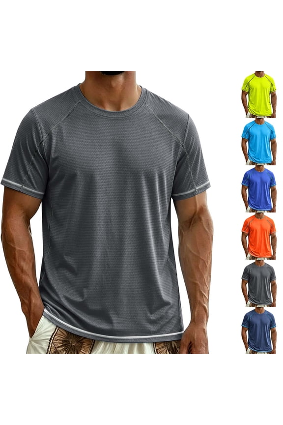 Men's Quick Dry Athletic T-Shirt, Short Sleeve Moisture Wicking Workout Shirt with Contrast Stitching, Mesh Performance Top for Running & Gym