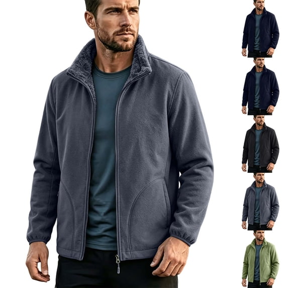 DYTTDG Men's Reversible Stand Collar Full Zip Fleece Jacket, Solid Long Sleeve Warm Casual Coat with Side Pockets Lightweight Outerwear for Fall Winter Daily Wear