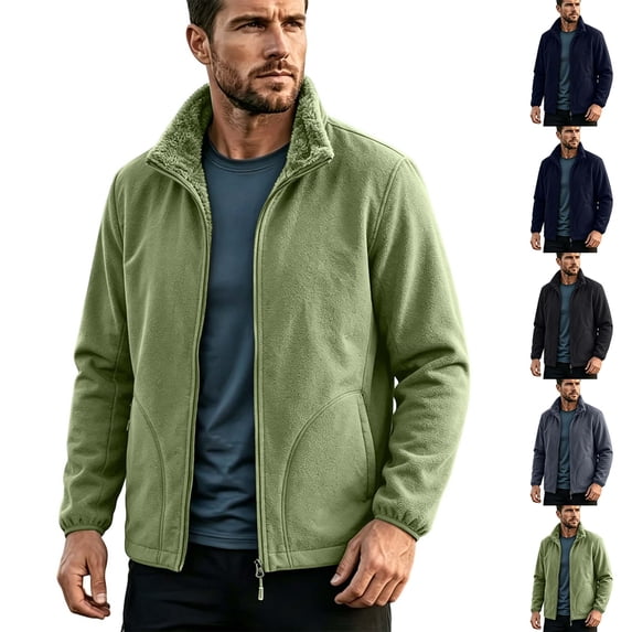 DYTTDG Men's Reversible Stand Collar Full Zip Fleece Jacket, Solid Long Sleeve Warm Casual Coat with Side Pockets Lightweight Outerwear for Fall Winter Daily Wear