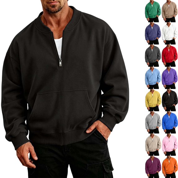 DYTTDG Men's Solid-Color Half-Zip Sweatshirt | Long-Sleeve Loose Pullover with Ribbed Stand Collar & Kangaroo Pocket for Daily Casual Street & Loungewear