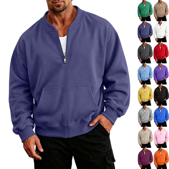DYTTDG Men's Solid-Color Half-Zip Sweatshirt | Long-Sleeve Loose Pullover with Ribbed Stand Collar & Kangaroo Pocket for Daily Casual Street & Loungewear