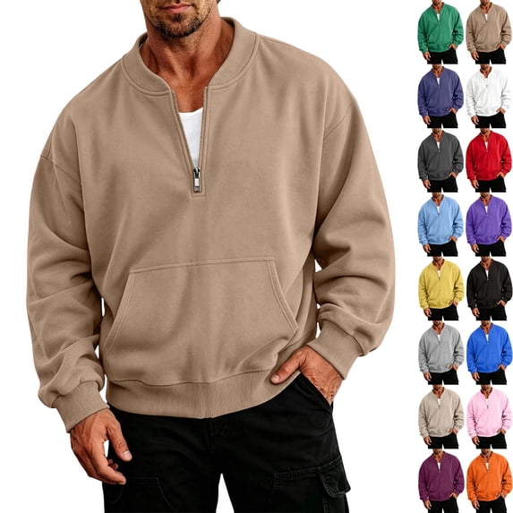 DYTTDG Men's Solid-Color Half-Zip Sweatshirt | Long-Sleeve Loose Pullover with Ribbed Stand Collar & Kangaroo Pocket for Daily Casual Street & Loungewear