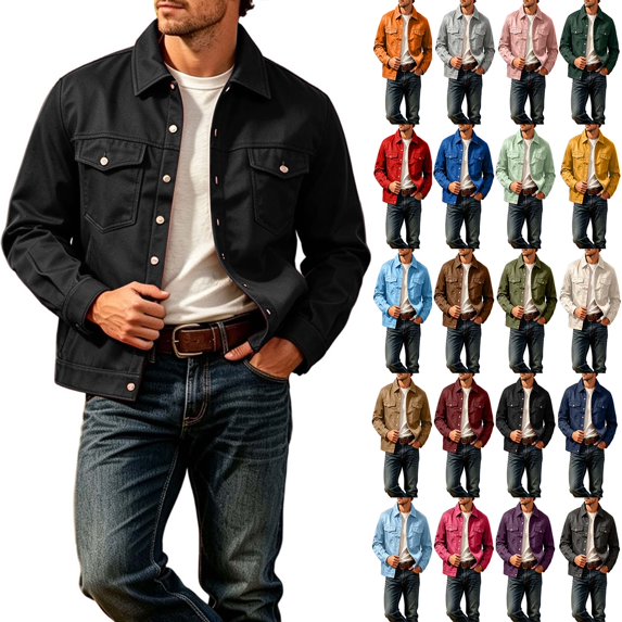 DYTTDG Men's Solid-Color Lapel Button-Down Jacket | Long-Sleeve Casual Trucker-Style Coat with Chest Flap Pockets & Side Pockets for Daily Outdoor Street Wear