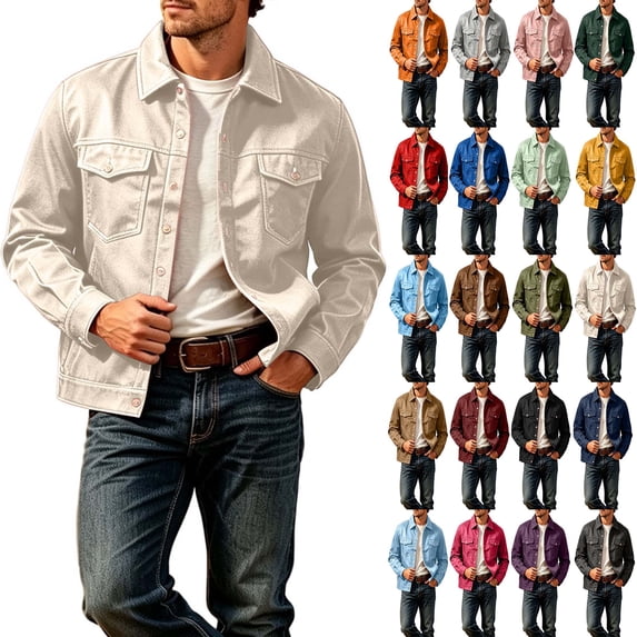 DYTTDG Men's Solid-Color Lapel Button-Down Jacket | Long-Sleeve Casual Trucker-Style Coat with Chest Flap Pockets & Side Pockets for Daily Outdoor Street Wear