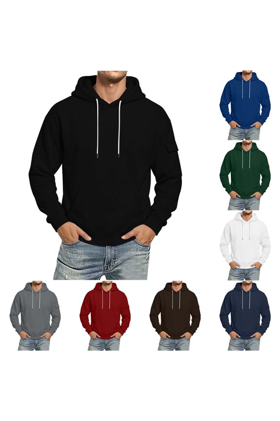 Men's Solid Color Pullover Hoodie Kangaroo Pocket Arm Pocket Long Sleeve Drawstring Hooded Sweatshirt Casual