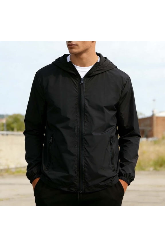 Men's Solid Color Zippered Pocket Outdoor Blouses Long Sleeve Hooded Casual Outwear