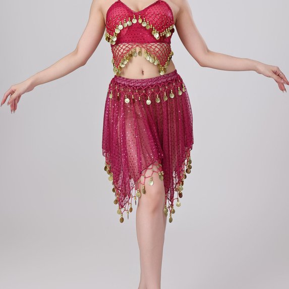 DYTTDG Mesh Sequin Coin Exotic Belly Dance Skirt with Asymmetric Tassels | Sparkling Performance Skirt for Stage, Dance & Party