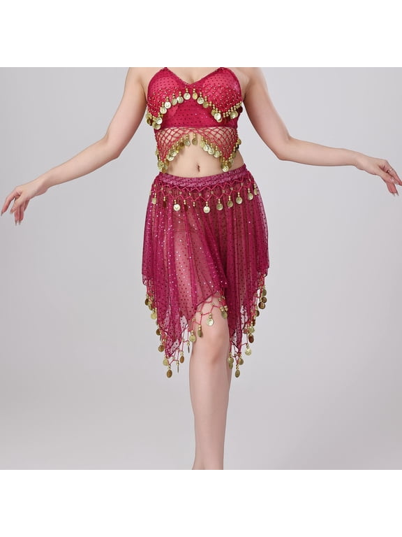Mesh Sequin Coin Exotic Belly Dance Skirt with Asymmetric Tassels | Sparkling Performance Skirt for Stage, Dance & Party