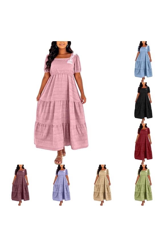 Plus Size Women's Tiered Maxi Dress | Square Neck Puff Short Sleeve Empire Waist Flowy Summer Dress, Casual Midi to Maxi Length Dress