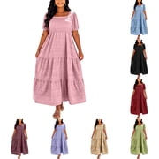 DYTTDG Plus Size Womens Tiered Maxi Dress | Square Neck Puff Short Sleeve Empire Waist Flowy Summer Dress, Casual Midi to Maxi Length Dress