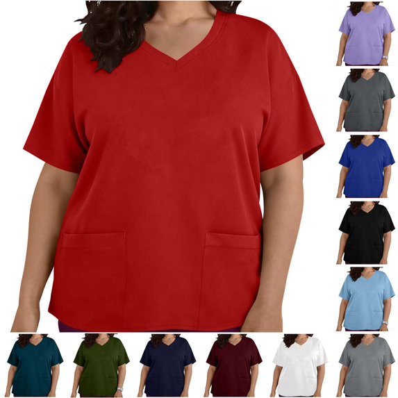 DYTTDG Plus Size Women's V-Neck Tunic Top, Short Sleeve with Pockets, Solid Color Casual Loose Fit Blouse (L-5XL)