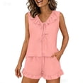 thumbnail image 1 of DYTTDG Silk Solid Color Pajama Set for Women 1PC Sleeveless Flouncing Collar Shirt with Short Pajama Pant Set Elastic Drawstring & Pocket, 1 of 8