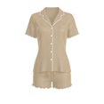 thumbnail image 1 of DYTTDG Solid Color Pajama Set for Women Short Sleeve Flouncing Cuff Shirt with Short Pajama Pant Set Soft Button Down & Drawstring, 1 of 5