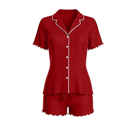 DYTTDG Solid Color Pajama Set for Women Short Sleeve Flouncing Cuff Shirt with Short Pajama Pant Set Soft Button Down & Drawstring