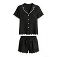 thumbnail image 1 of DYTTDG Solid Color Pajama Set for Women Short Sleeve Flouncing Cuff Shirt with Short Pajama Pant Set Soft Button Down & Drawstring, 1 of 6