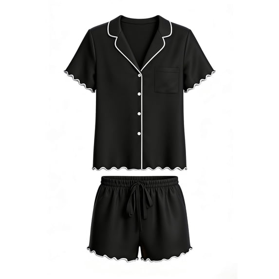 DYTTDG Solid Color Pajama Set for Women Short Sleeve Flouncing Cuff Shirt with Short Pajama Pant Set Soft Button Down & Drawstring