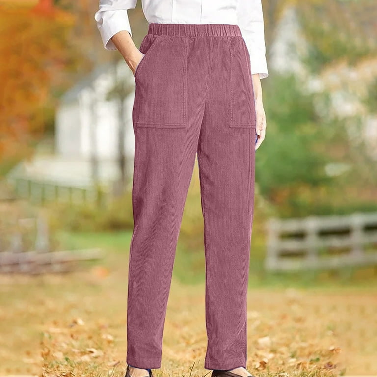 DYTTDG Solid Corduroy Pants for Women Elastic High Waist Pull On