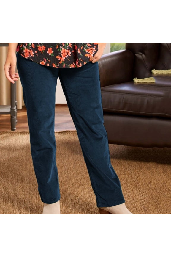 Solid Corduroy Pants for Women Elastic High Waist Pull On Straight Leg Slacks Casual Trousers with Pockets