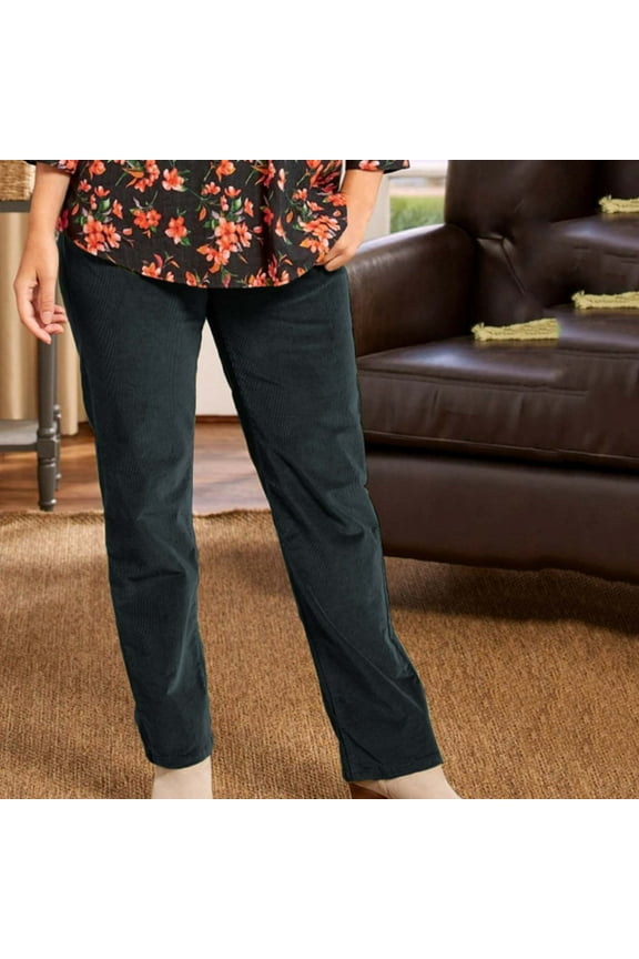Solid Corduroy Pants for Women Elastic High Waist Pull On Straight Leg Slacks Casual Trousers with Pockets