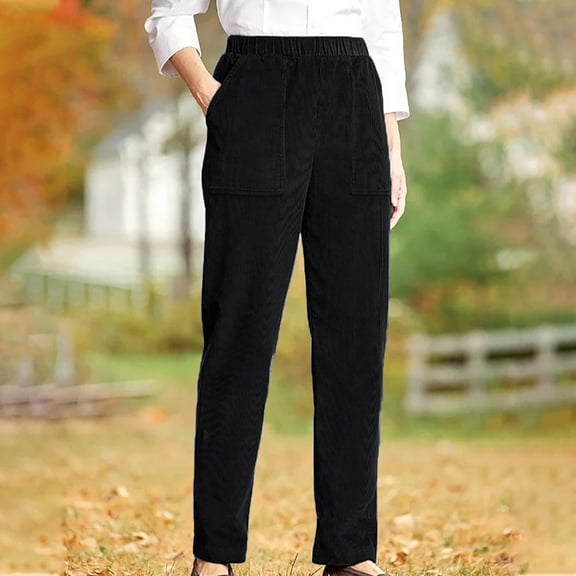 DYTTDG Solid Corduroy Pants for Women Elastic High Waist Pull On Straight Leg Slacks Casual Trousers with Pockets