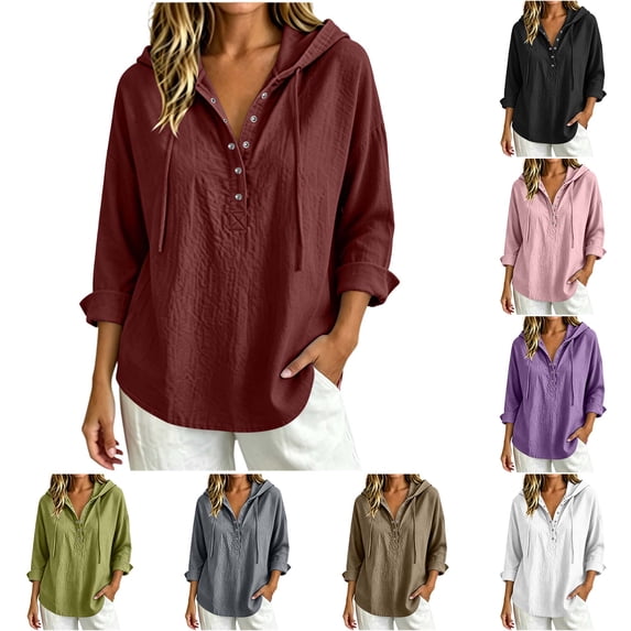DYTTDG Solid Hooded Henley Blouse, Drawstring V-Neck Rolled 3/4 Sleeve Loose Fit Women's Casual Button Front Top