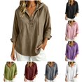 thumbnail image 1 of DYTTDG Solid Hooded Henley Blouse, Drawstring V-Neck Rolled 3/4 Sleeve Loose Fit Women's Casual Button Front Top, 1 of 6