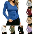 thumbnail image 1 of DYTTDG Solid Ribbed Knit V-Neck Blouse | Women's Long Sleeve Slim Fit Casual Pullover Top for All Seasons, Stretchy Basic Tee, 1 of 7