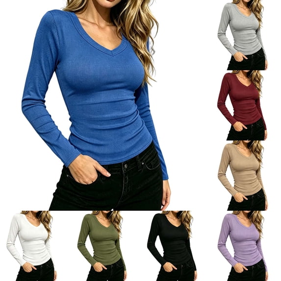 DYTTDG Solid Ribbed Knit V-Neck Blouse | Women's Long Sleeve Slim Fit Casual Pullover Top for All Seasons, Stretchy Basic Tee
