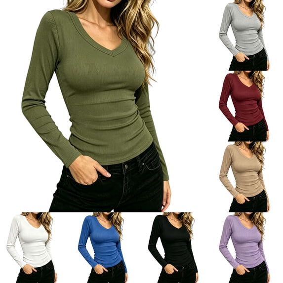 DYTTDG Solid Ribbed Knit V-Neck Blouse | Women's Long Sleeve Slim Fit Casual Pullover Top for All Seasons, Stretchy Basic Tee