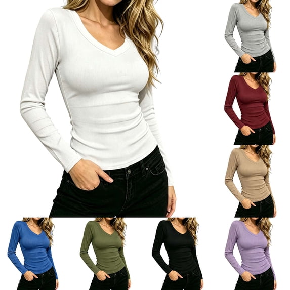 DYTTDG Solid Ribbed Knit V-Neck Blouse | Women's Long Sleeve Slim Fit Casual Pullover Top for All Seasons, Stretchy Basic Tee