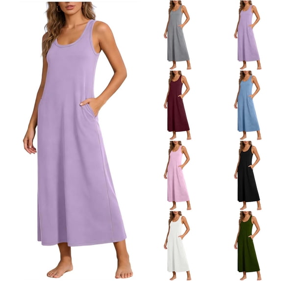DYTTDG Solid Sleeveless Pocket Midi Dress | Scoop Neck Loose Fit Women's Casual Everyday Ankle-Length Tank Sundress, Comfortable & Flowy for Summer, Beach, Travel & Daily Wear