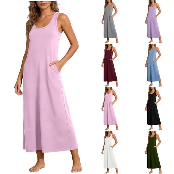 DYTTDG Solid Sleeveless Pocket Midi Dress | Scoop Neck Loose Fit Women's Casual Everyday Ankle-Length Tank Sundress, Comfortable & Flowy for Summer, Beach, Travel & Daily Wear