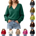 thumbnail image 1 of DYTTDG Women Solid Color Loose V-Neck Knit Pullover Sweater, Long Sleeve Ribbed Cuff Relaxed Fit Casual Knitted Jumper Daily Basic Knit Top, 1 of 8