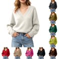 thumbnail image 1 of DYTTDG Women Solid Color Loose V-Neck Knit Pullover Sweater, Long Sleeve Ribbed Cuff Relaxed Fit Casual Knitted Jumper Daily Basic Knit Top, 1 of 8
