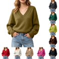 thumbnail image 1 of DYTTDG Women Solid Color Loose V-Neck Knit Pullover Sweater, Long Sleeve Ribbed Cuff Relaxed Fit Casual Knitted Jumper Daily Basic Knit Top, 1 of 8