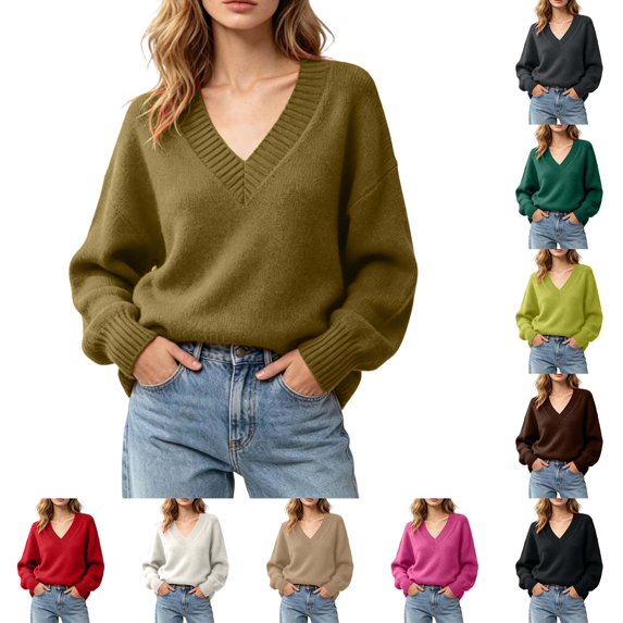 DYTTDG Women Solid Color Loose V-Neck Knit Pullover Sweater, Long Sleeve Ribbed Cuff Relaxed Fit Casual Knitted Jumper Daily Basic Knit Top