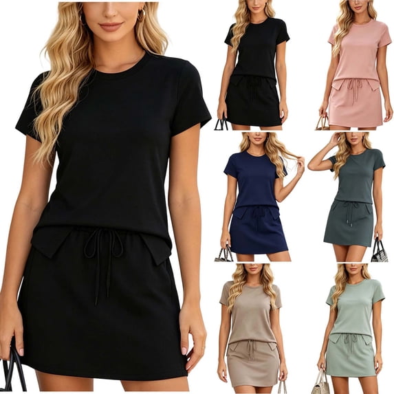 DYTTDG Women's 2-Piece Casual Outfit | Crew Neck Short Sleeve Top & Drawstring Waist A-Line Skirt Set, Matching Summer Set