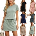 thumbnail image 1 of DYTTDG Women's 2-Piece Casual Outfit | Crew Neck Short Sleeve Top & Drawstring Waist A-Line Skirt Set, Matching Summer Set, 1 of 6