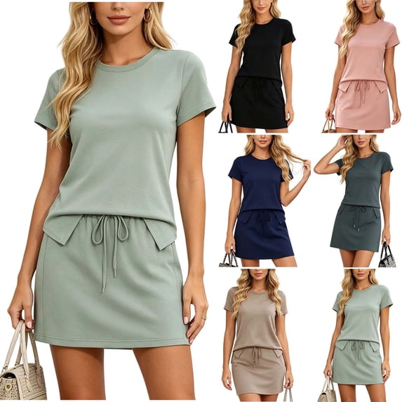 DYTTDG Women's 2-Piece Casual Outfit | Crew Neck Short Sleeve Top & Drawstring Waist A-Line Skirt Set, Matching Summer Set
