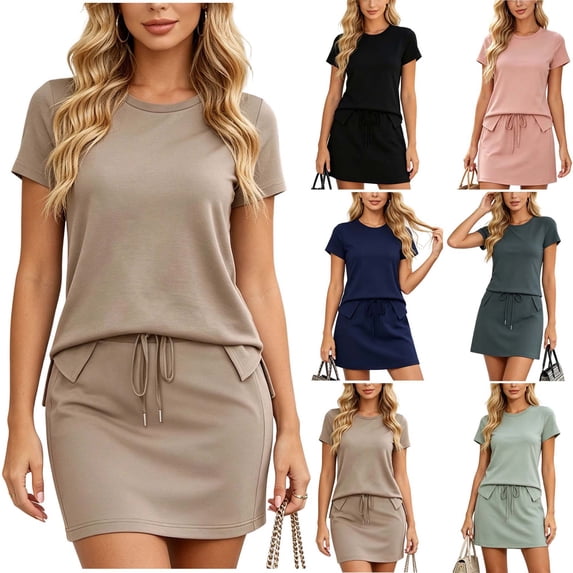 DYTTDG Women's 2-Piece Casual Outfit | Crew Neck Short Sleeve Top & Drawstring Waist A-Line Skirt Set, Matching Summer Set