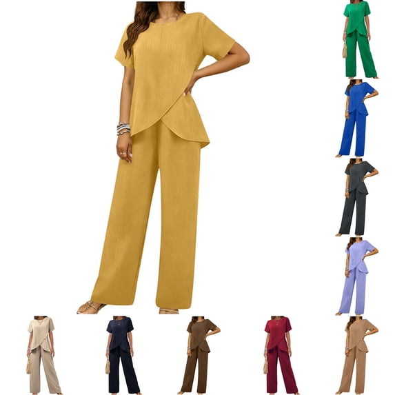 DYTTDG Women's 2-Piece Casual Outfit Set | Crew Neck Short Sleeve Wrap Top & Elastic Waist Wide Leg Pants, Loose Fit Matching Set
