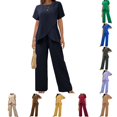 thumbnail image 1 of DYTTDG Women's 2-Piece Casual Outfit Set | Crew Neck Short Sleeve Wrap Top & Elastic Waist Wide Leg Pants, Loose Fit Matching Set, 1 of 6