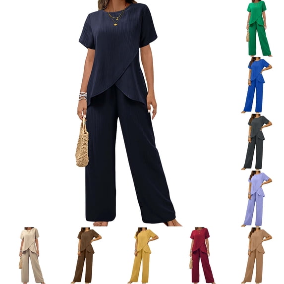 DYTTDG Women's 2-Piece Casual Outfit Set | Crew Neck Short Sleeve Wrap Top & Elastic Waist Wide Leg Pants, Loose Fit Matching Set